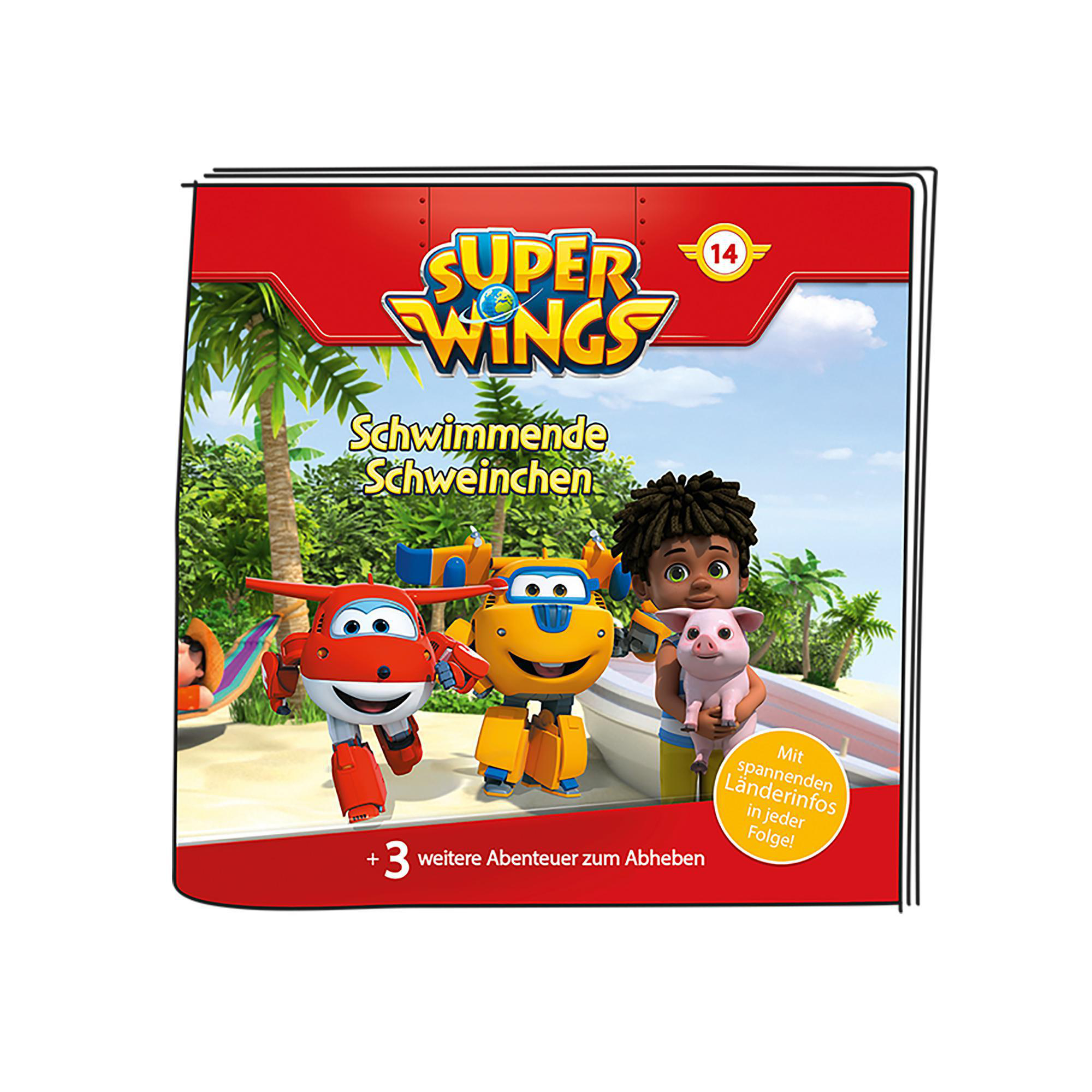 Cover eines Kinderbuchs: Super Wings, mit Zeichentrickfiguren und einem Schwein. Farbenfrohes Bild.