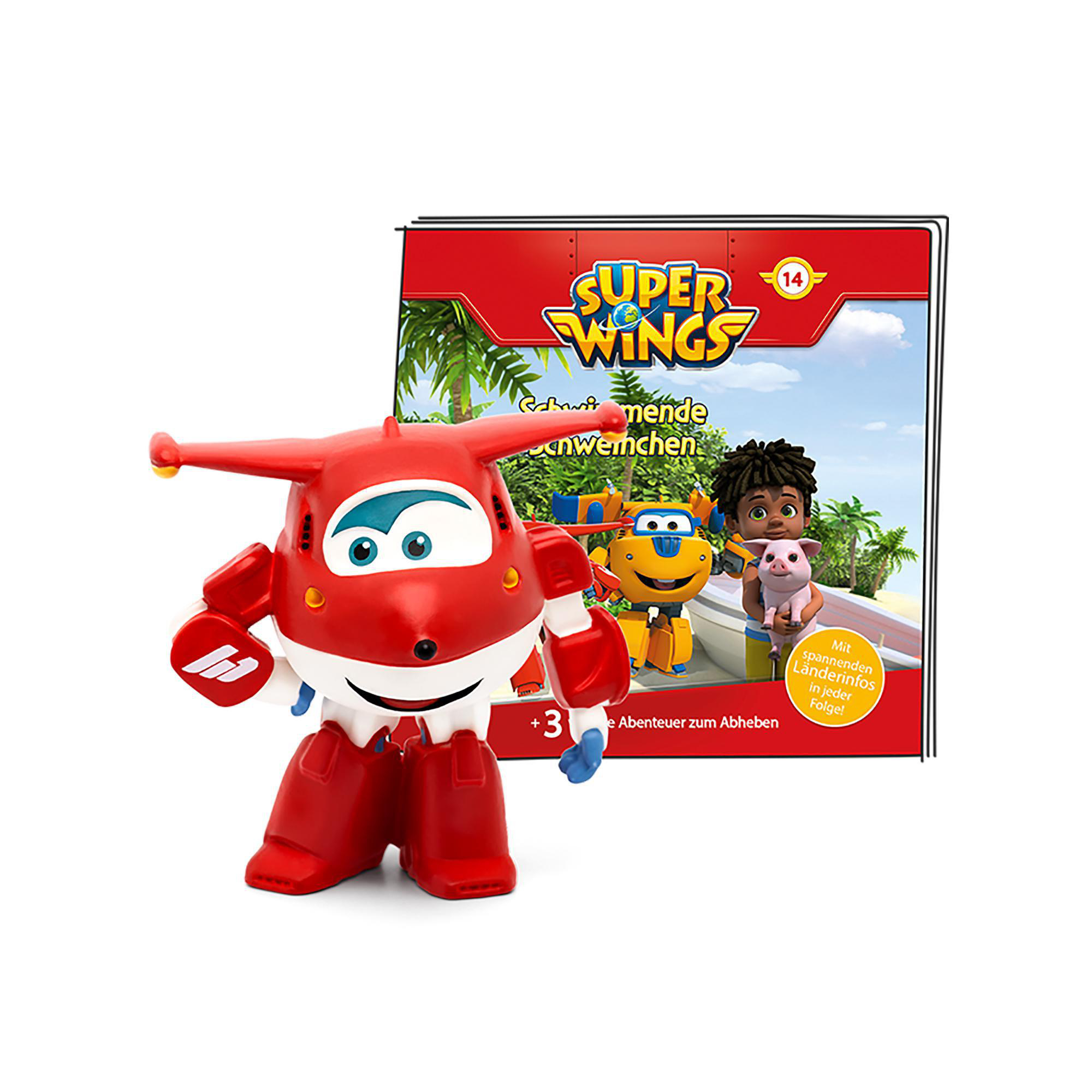 Rotes Spielzeugflugzeug mit Cartoon-Gesicht und Armen. Rechts eine Cartoon-Grafik und ein Buch.