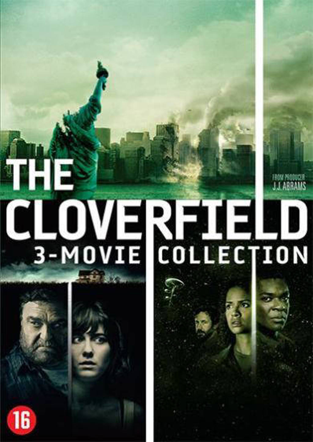 Boîtier DVD pour The Cloverfield 3-Movie Collection. Comprend des affiches de films et la Statue de la Liberté.