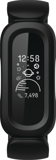 Zwarte fitnesstracker, display toont tijd, planeet en stappen.