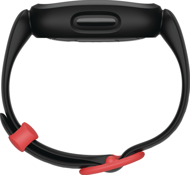 Zwarte smartwatch, bovenaanzicht. De band is zwart met een rode sluiting.