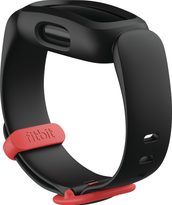 Zwart Fitbit-apparaat met een rode band. Het woord 'fitbit' staat op de band.