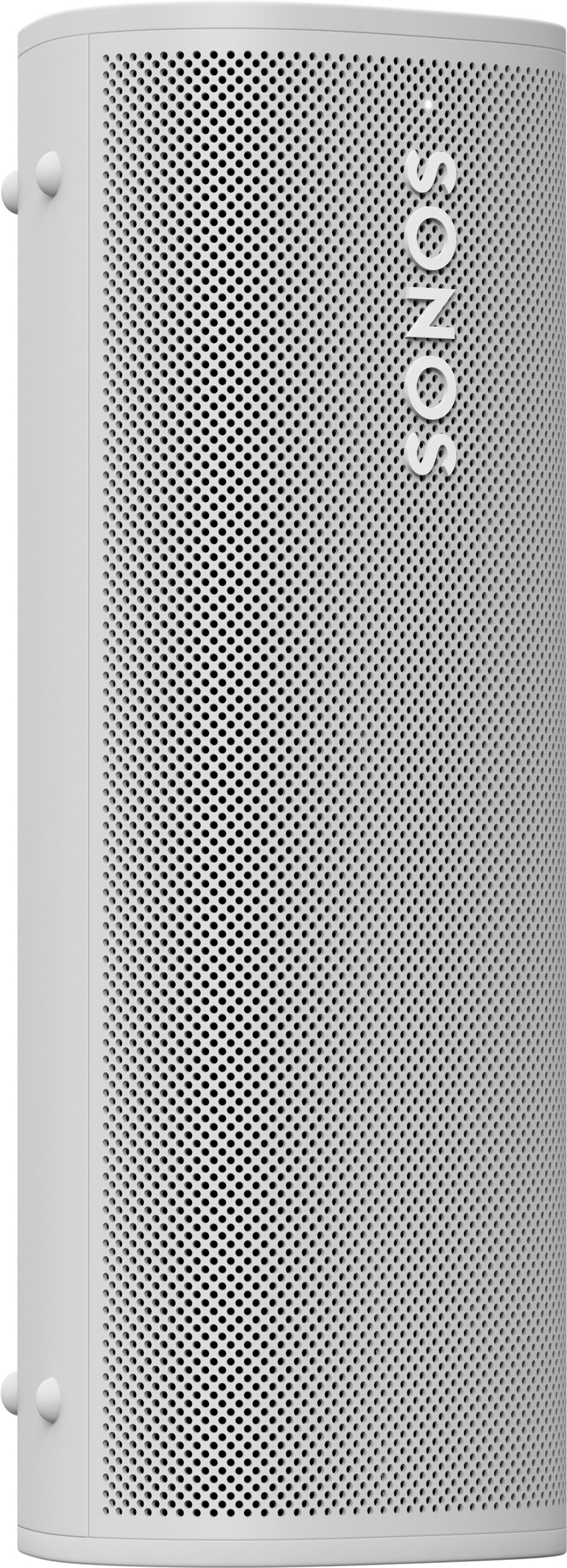 Weißer Sonos-Lautsprecher, Seitenansicht, mit Markenname auf der Seite.