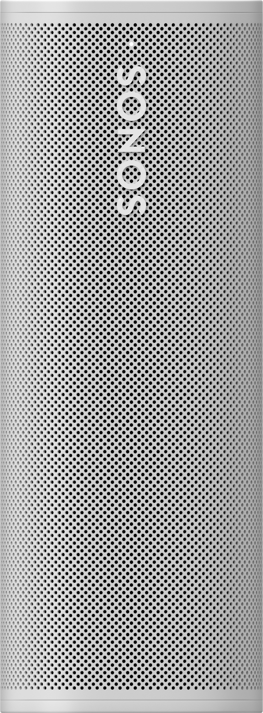 Ein zylindrischer, grauer Sonos-Lautsprecher mit kleinen Löchern und dem Markennamen darauf.