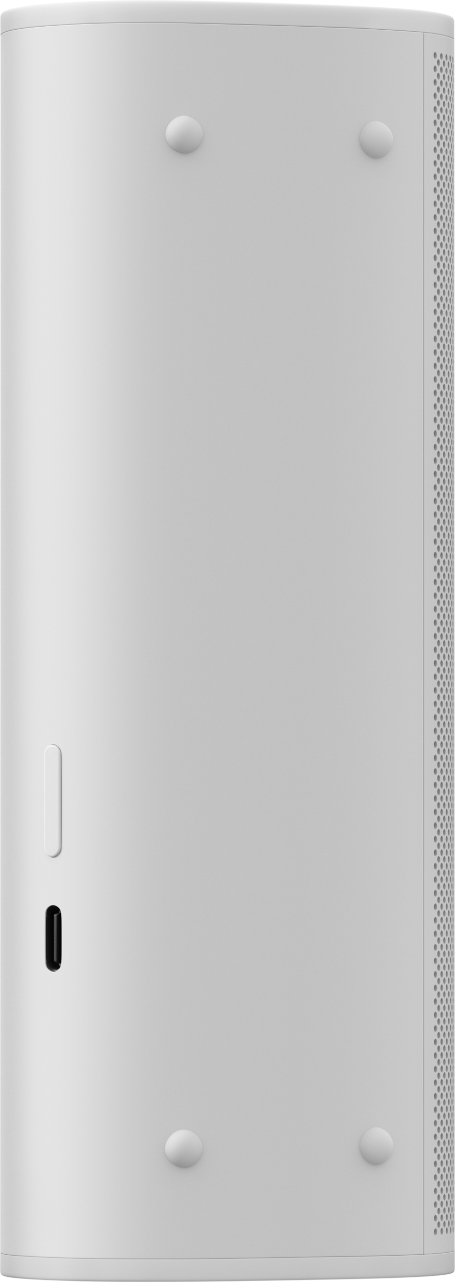Weißes, zylindrisches Gerät, wahrscheinlich ein Lautsprecher, mit USB-C-Anschluss und kleinen Füßen.