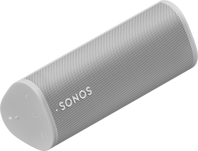 Sonos-Lautsprecher, weiß, zylindrische Form. Hat Knöpfe und ein Logo am Ende.