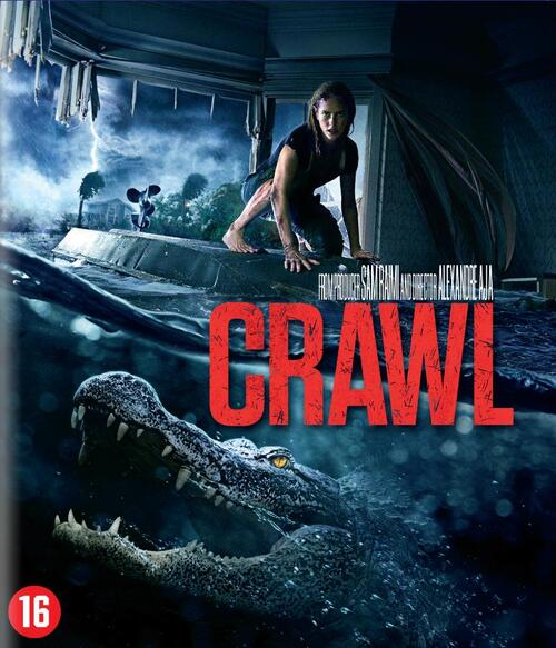 Femme sur structure en train de couler, alligator dans l'eau, titre Crawl.