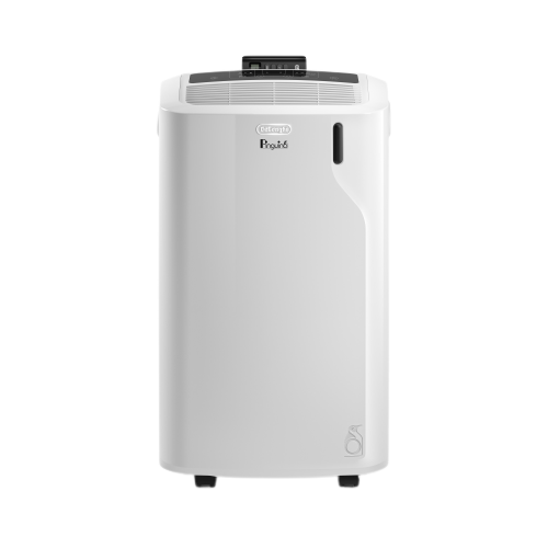 Ein weißer DeLonghi Luftreiniger. Er hat eine schwarze Oberseite mit Bedienelementen und steht auf schwarzen Rädern.