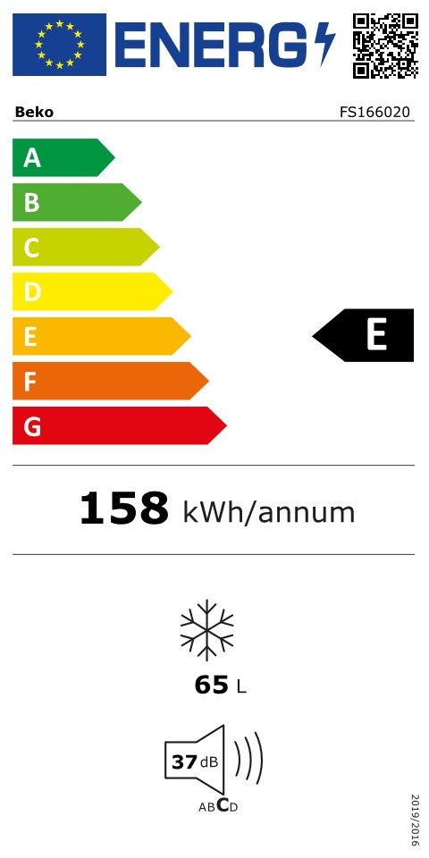Energia címke a Beko hűtőszekrényhez, E osztály, részletekkel.