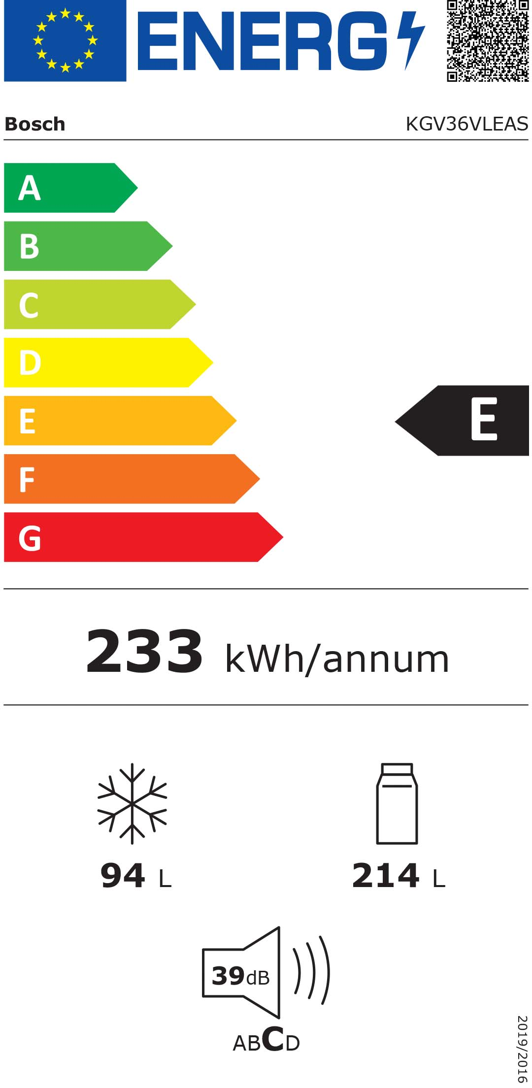 Energia címke egy Bosch hűtőszekrényhez, energiahatékonysági besorolásokkal és tárolási adatokkal.