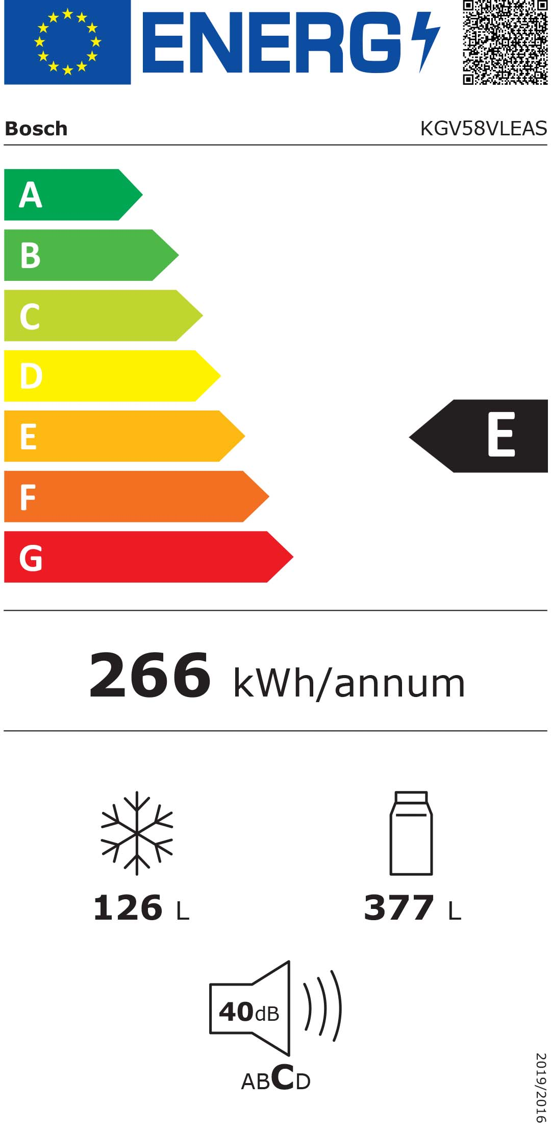 Energia cimke Bosch hűtőszekrényhez, E energiahatékonysági osztállyal.