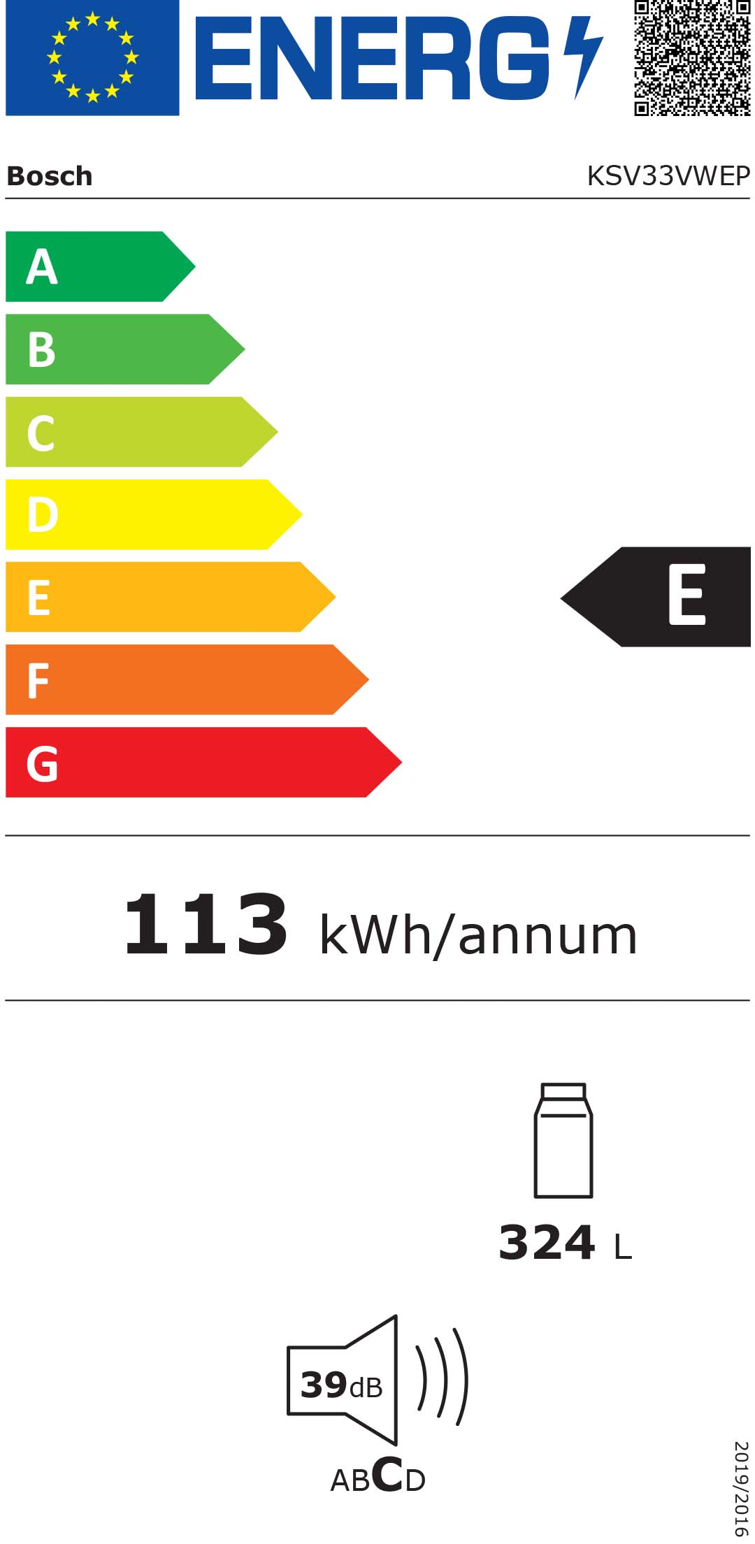 Energia címke egy Bosch hűtőszekrényhez, E energiahatékonysági osztállyal és egyéb specifikációkkal.