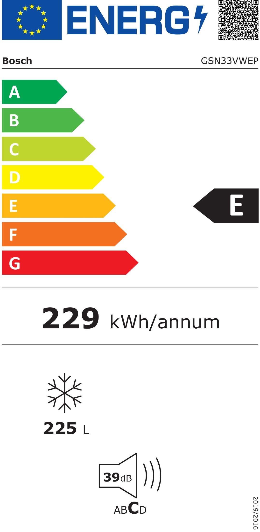 Egy Bosch hűtőszekrény energia címkéje, amely az energiahatékonysági információkat mutatja.