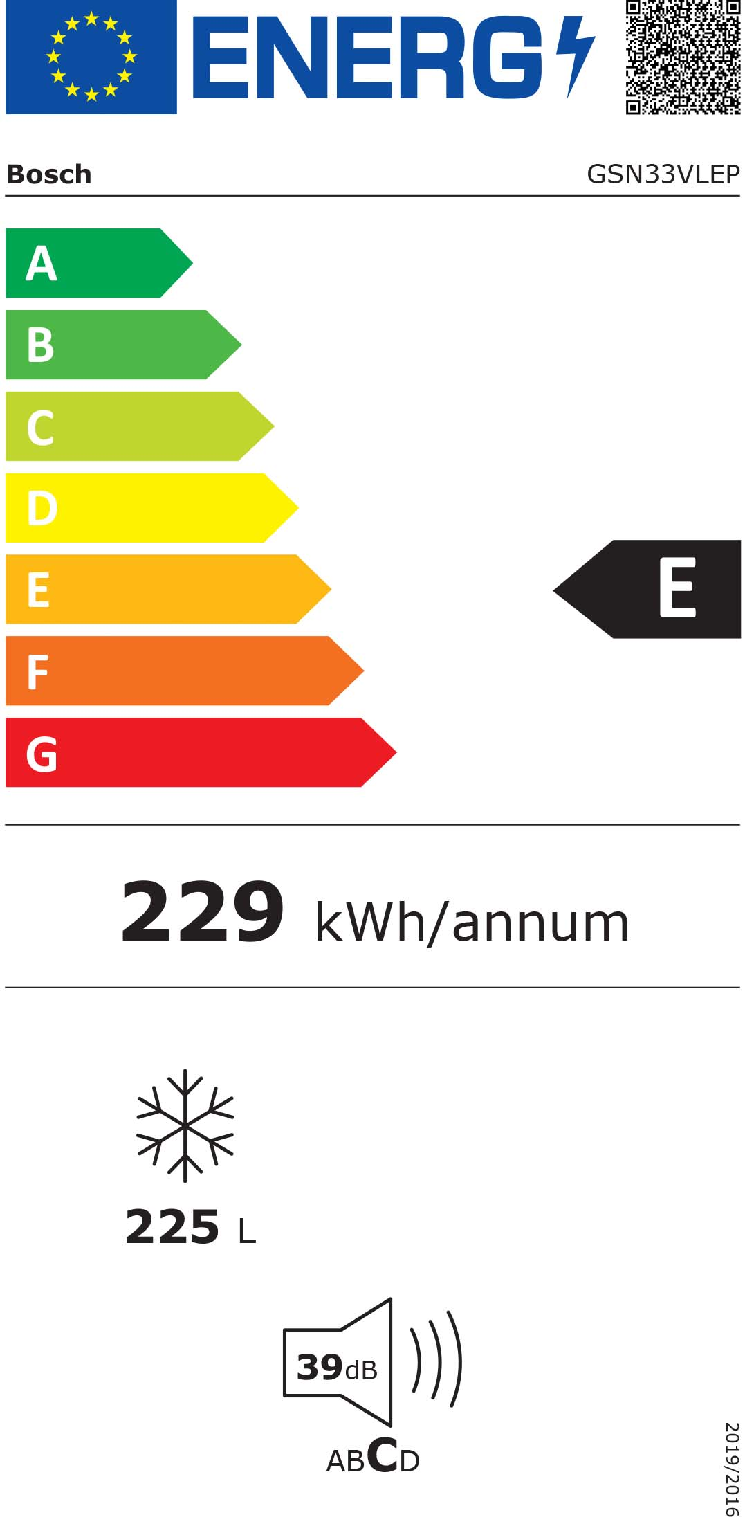 Bosch hűtőszekrény energia címke. E energiaosztály és 229 kWh/év.