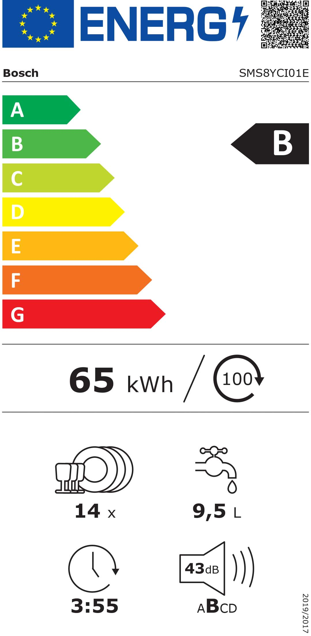 Energia címke Bosch mosogatógéphez. Energiahatékonysági információkat és fogyasztási adatokat jelenít meg. QR-kódot tartalmaz.