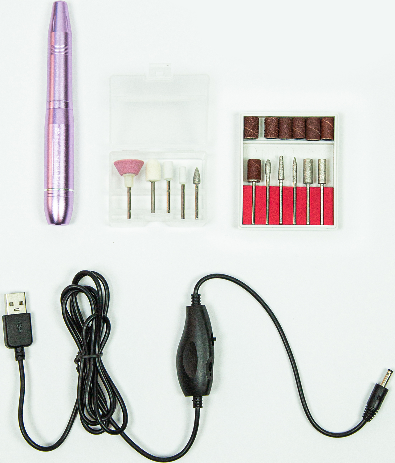 Nagelboor set met een paarse boor, diverse bits, en een zwart netsnoer met een USB-aansluiting.