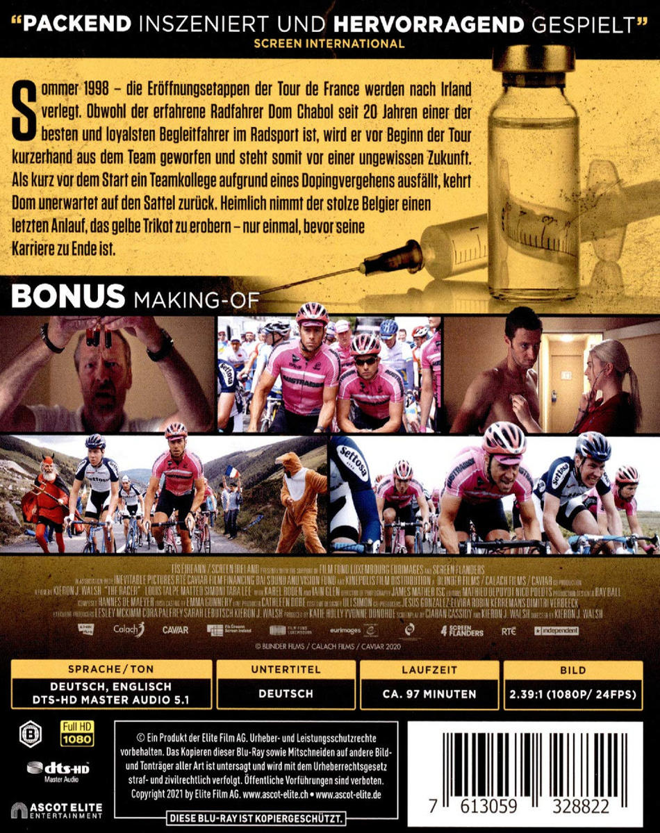 Rückseite einer DVD-Hülle mit Szenenbildern von Radfahrern und einer Spritze mit Flüssigkeit.
