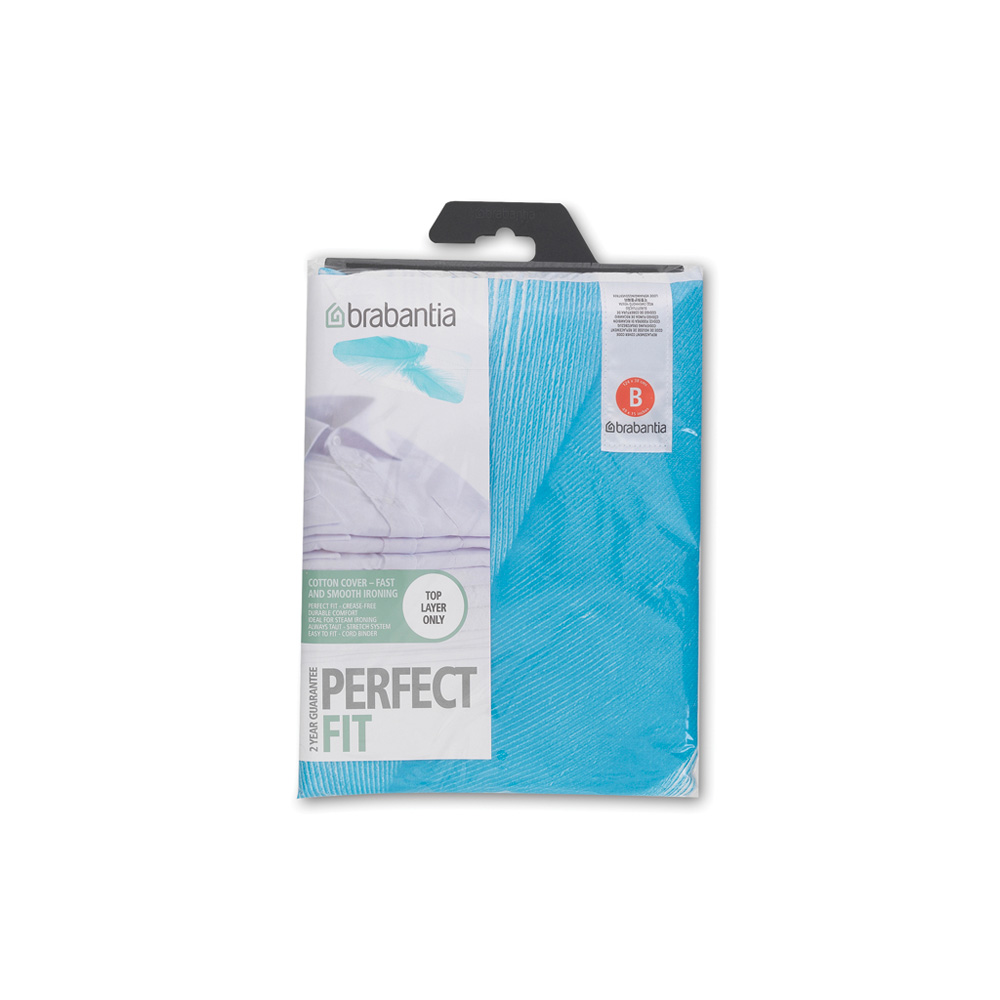 Paquet de draps de lit bleus avec un logo brabantia. Il est écrit 'Perfect Fit' et 'Top Layer Only'.