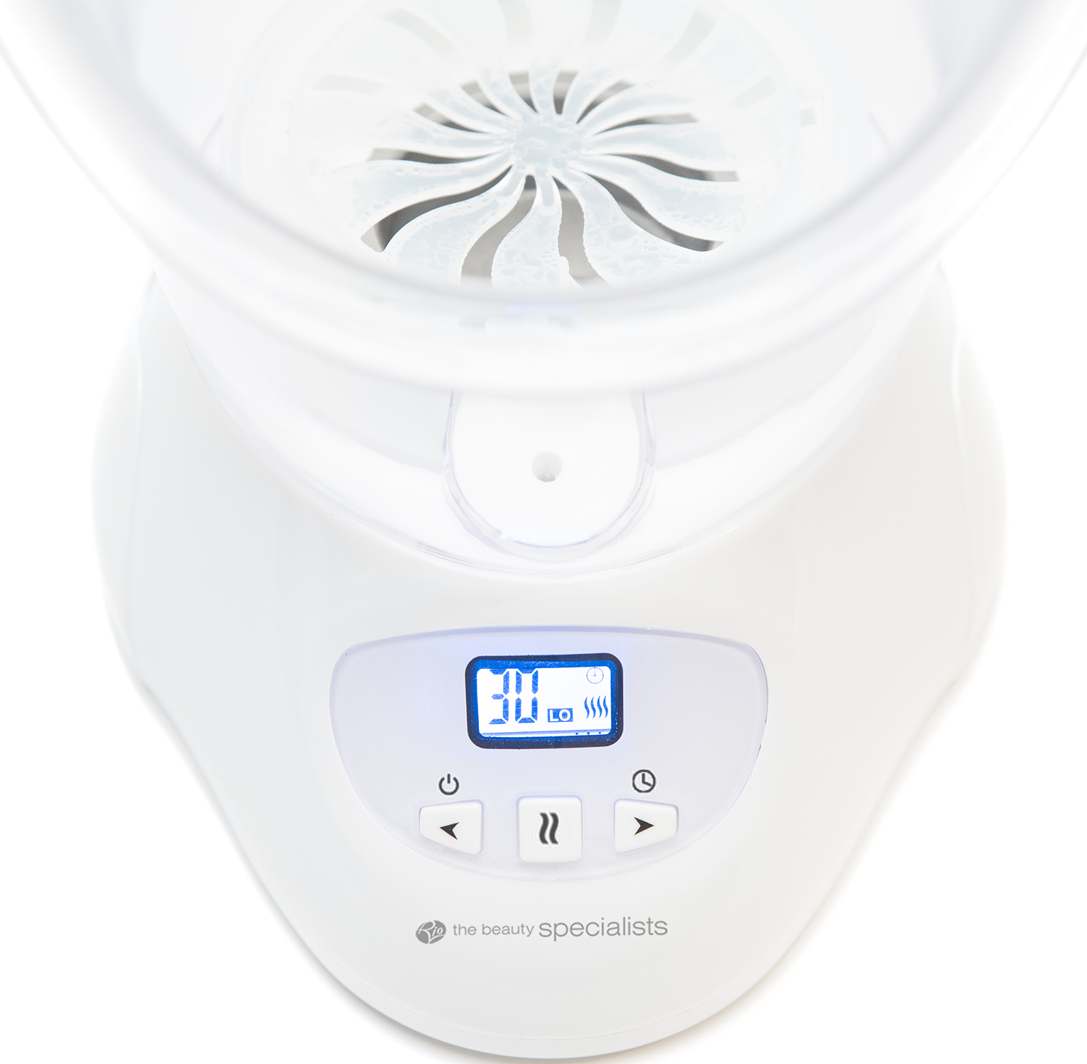 White beauty device with a digital display showing 30. The device has buttons for settings.