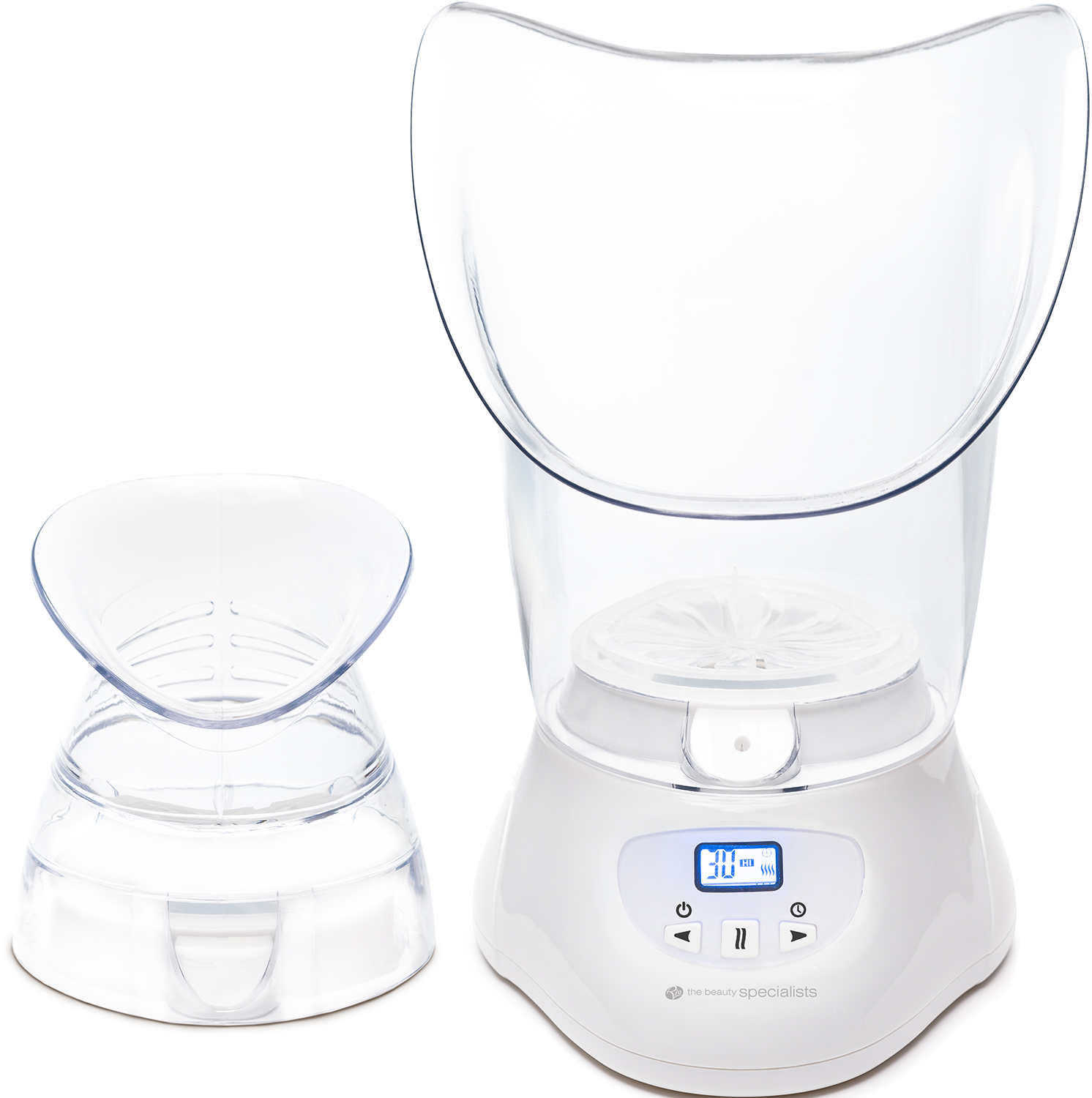 Two white facial steamers, one assembled, on a white backdrop.