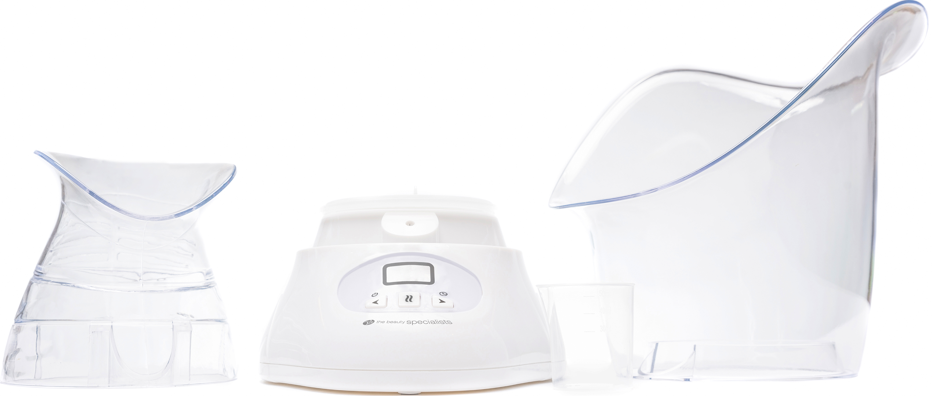 White facial steamer with several parts. Includes a water container and a face mask.