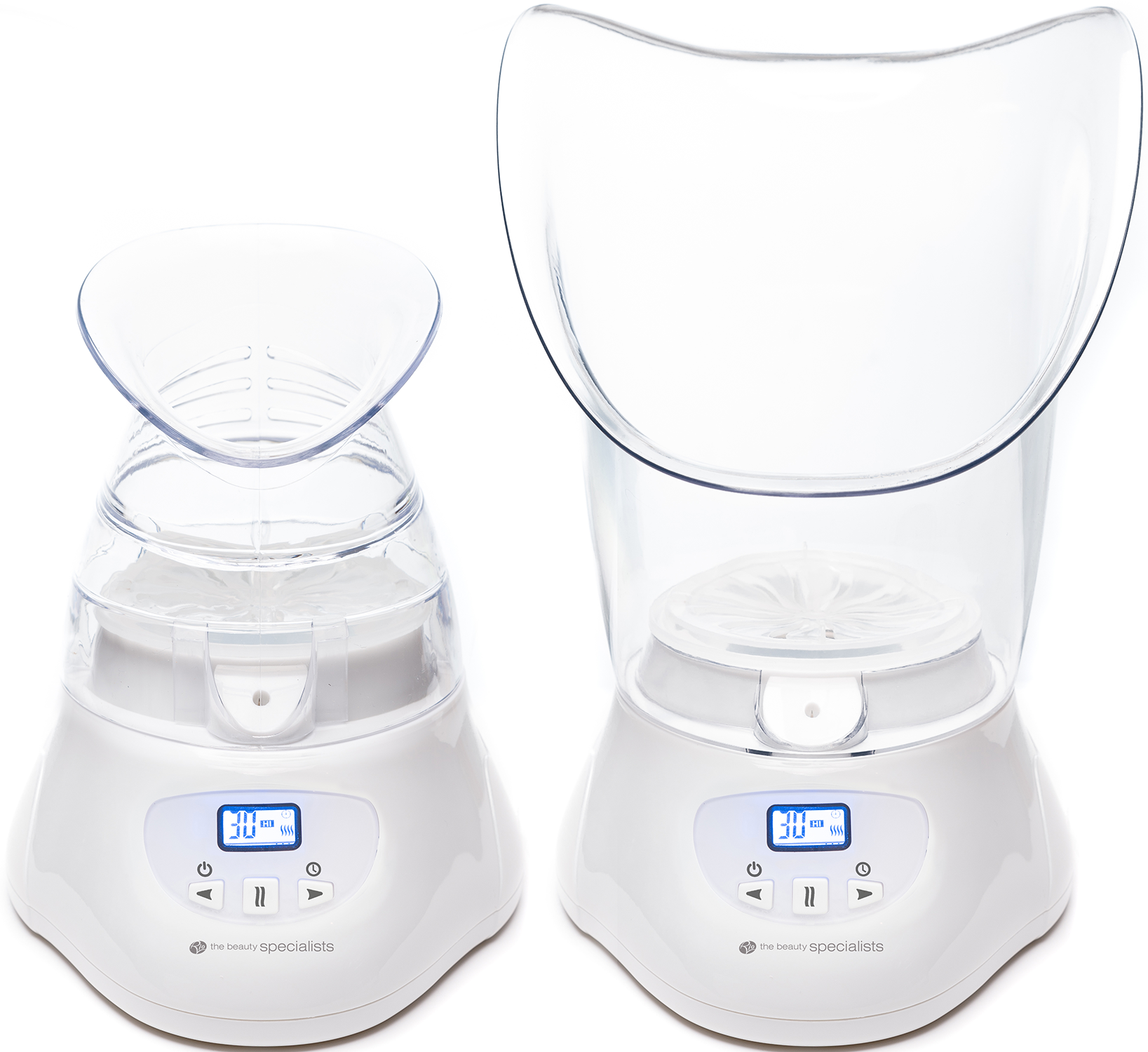 Two white facial steamers. One with a lid, the other without. Both have digital displays.