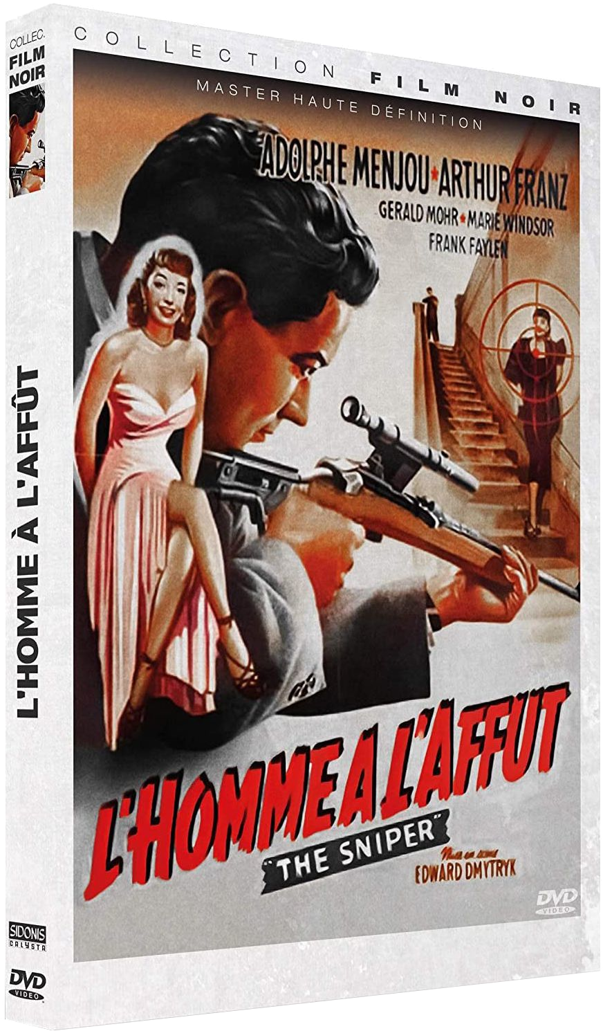 DVD-hoes voor een film. Een vrouw en een man die met een pistool richten. De titel is 'L'homme à l'affût'.