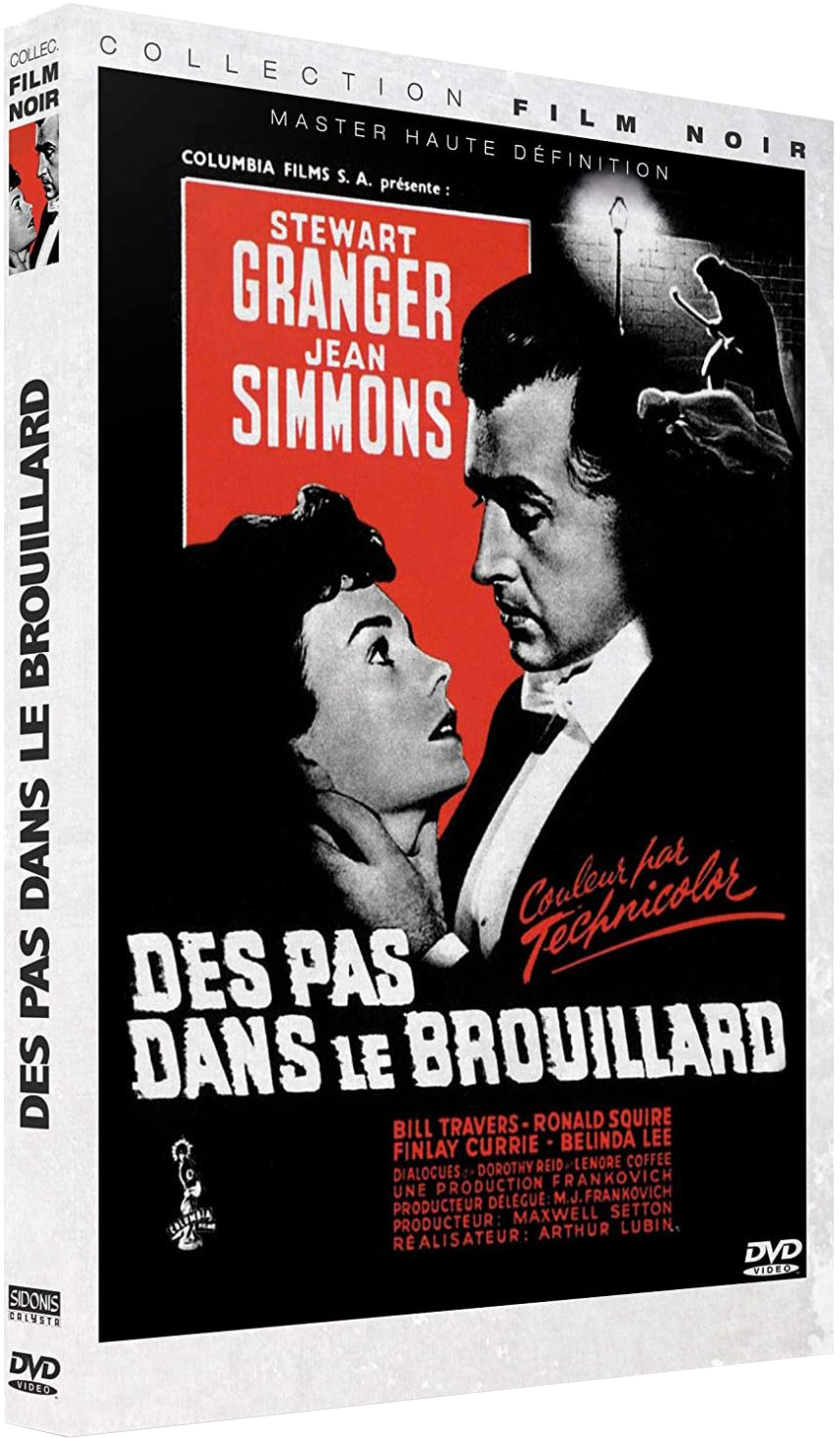 Couverture de film, noir et blanc, avec un homme et une femme dans une pose dramatique. Texte : Des Pas dans le Brouillard.