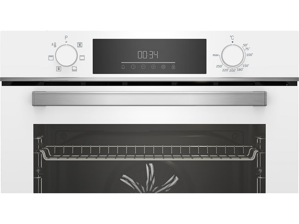 Horno blanco con una pantalla digital que muestra la hora y un dial de control.