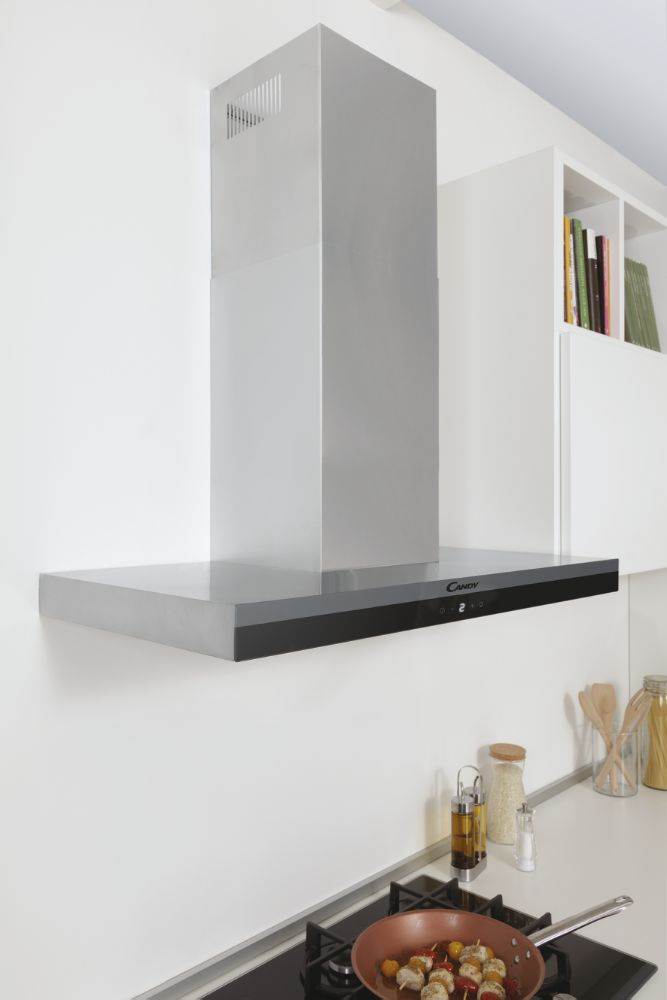 Campana decorativa - Candy Essenza CTS9CEX, Extraplana, 4 velocidades, 596m3/h, 90cm, Temporizador, Filtro carbono, Inox
