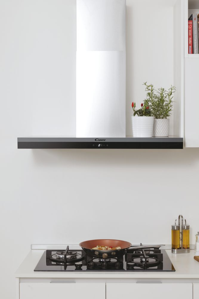 Campana decorativa - Candy Essenza CTS9CEX, Extraplana, 4 velocidades, 596m3/h, 90cm, Temporizador, Filtro carbono, Inox