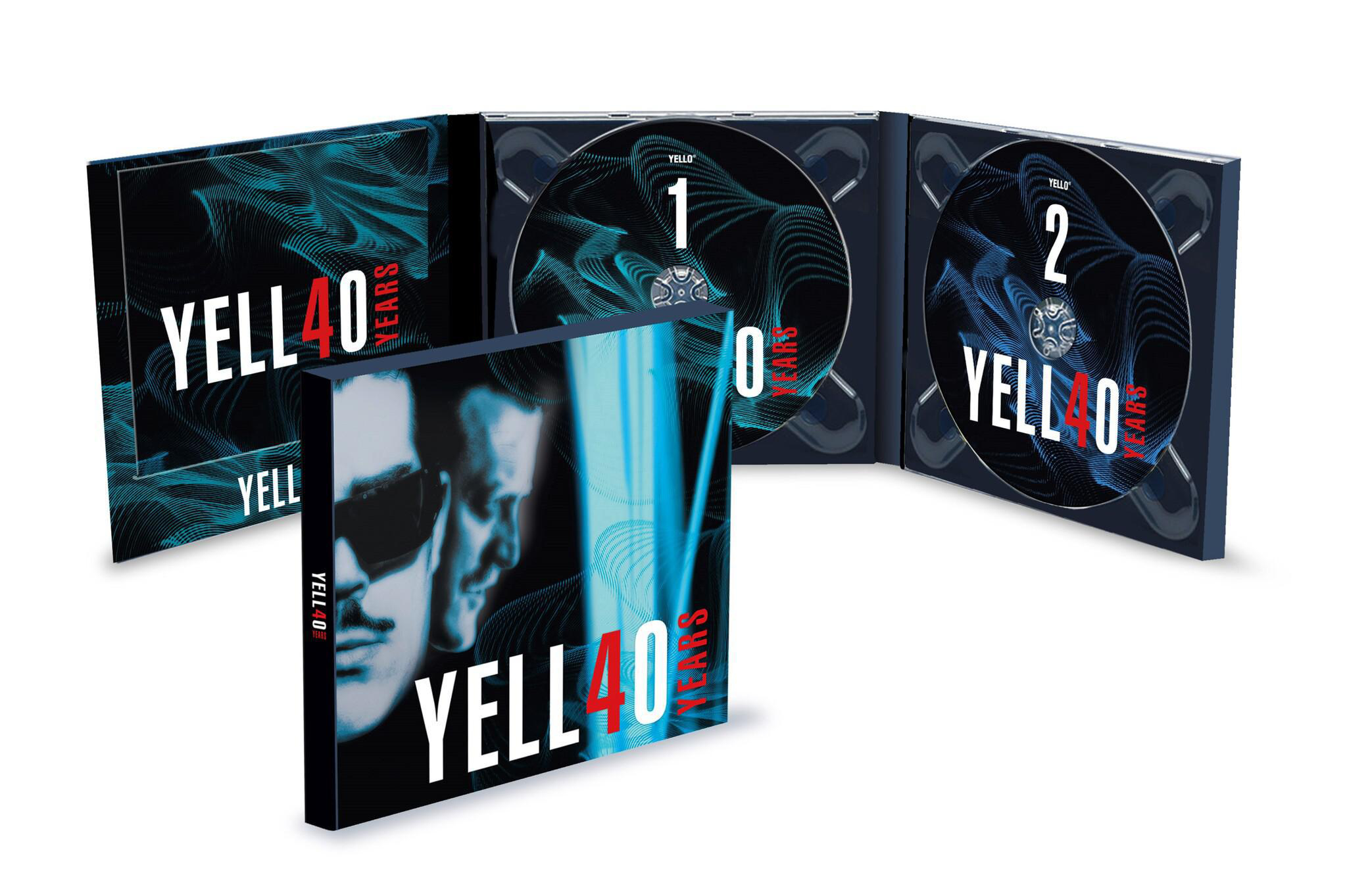 Albumverpackung von 'YELLO 40 YEARS' mit geöffneten CD-Hüllen und Albumcover.