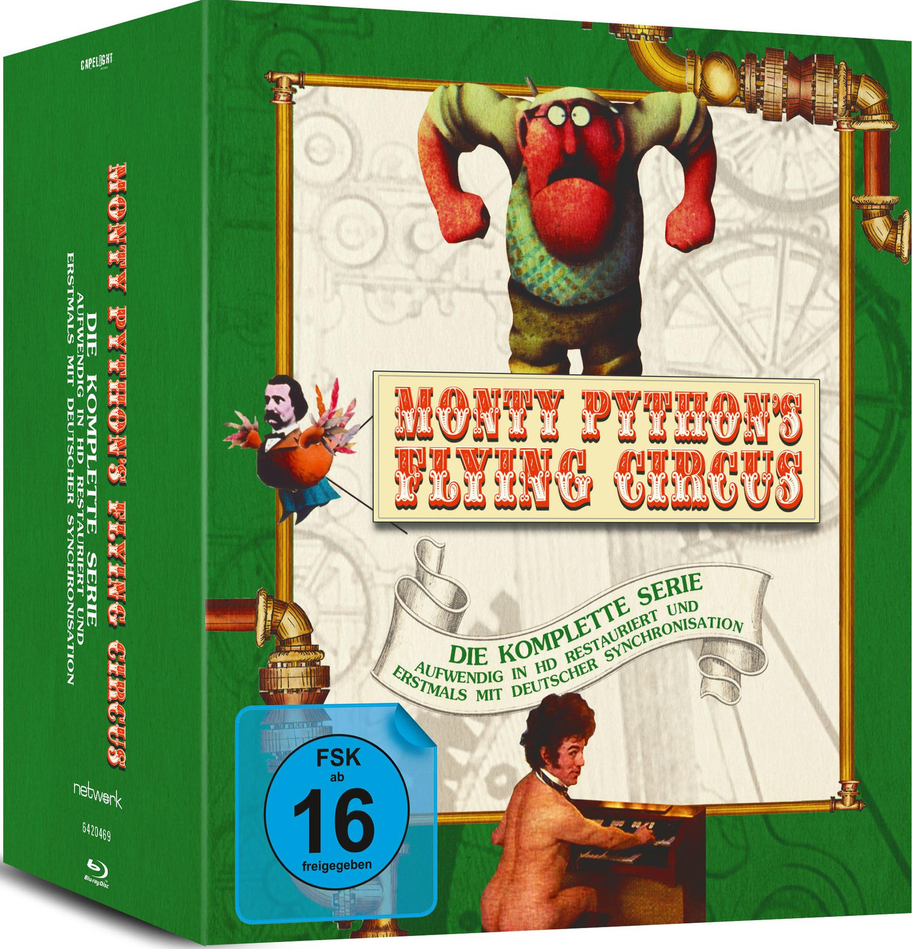 Box-Art für 'Monty Python's Flying Circus', zeigt Cartoon-Bild mit Text.