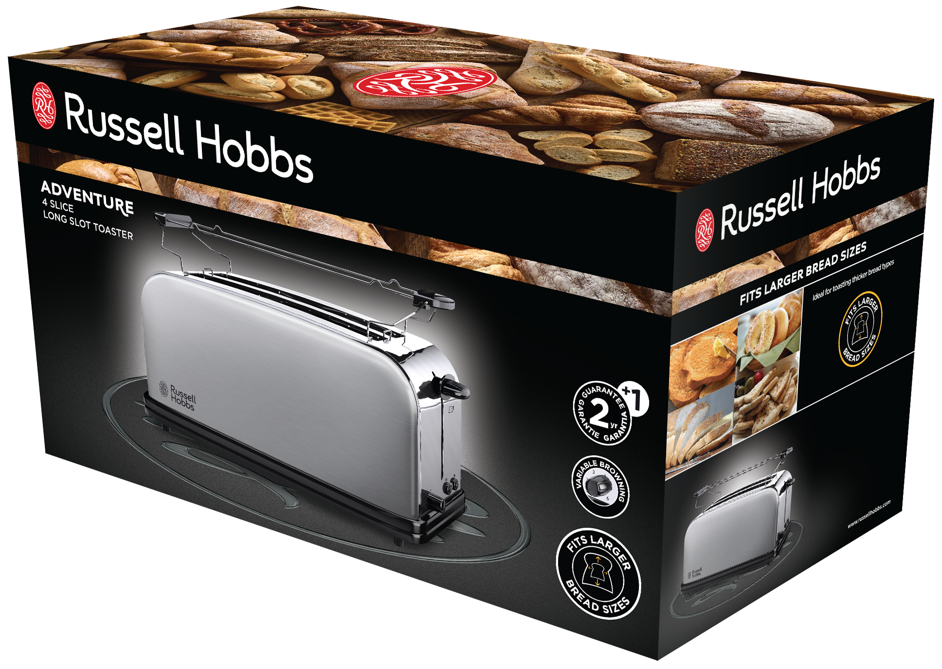 A Russell Hobbs toaster box with a silver toaster visible inside, on a black background.
