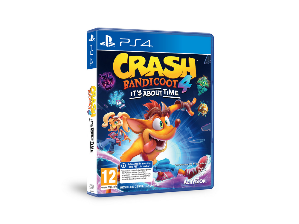 Caja del juego Crash Bandicoot 4. Crash y Coco Bandicoot en la portada. Colores azul, naranja y morado.
