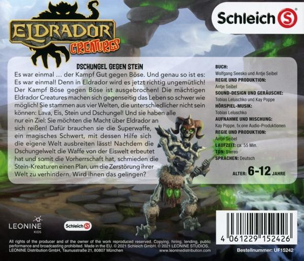 Box-Art für Eldrador Creatures Dschungel vs. Stein. Eine skelettartige Figur hält eine Waffe. Text auf Deutsch.