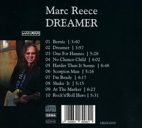Die Rückseite einer Marc Reece Dreamer CD mit Titelliste, Foto und Text.