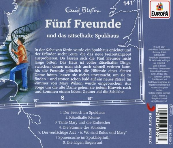 Rückseite eines Buches: Fünf Freunde, mit einer Kartenillustration und Text auf Deutsch.