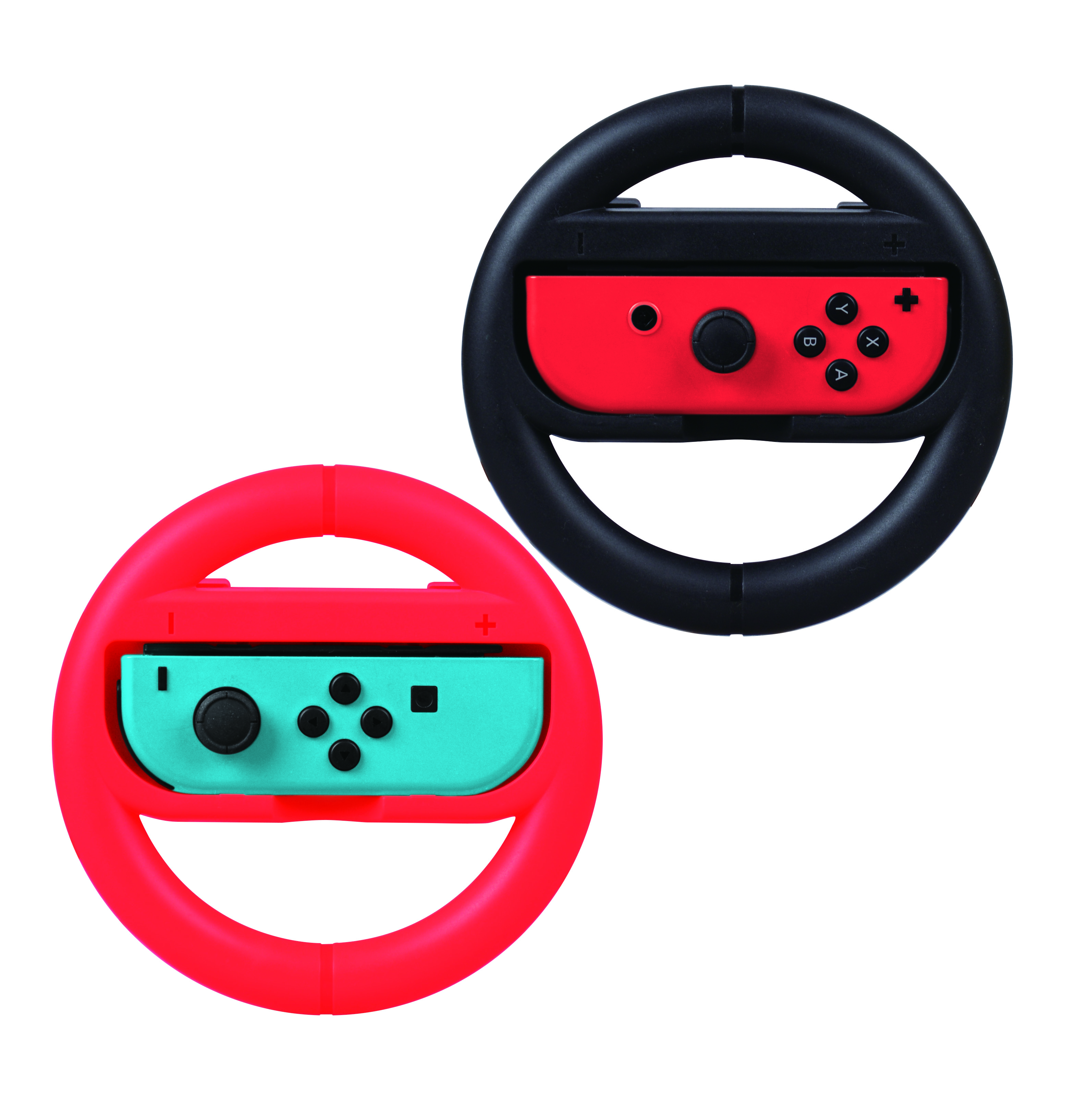 Zwei rote Lenkrad-Controller für Nintendo Switch, einer mit blauem Zentrum.