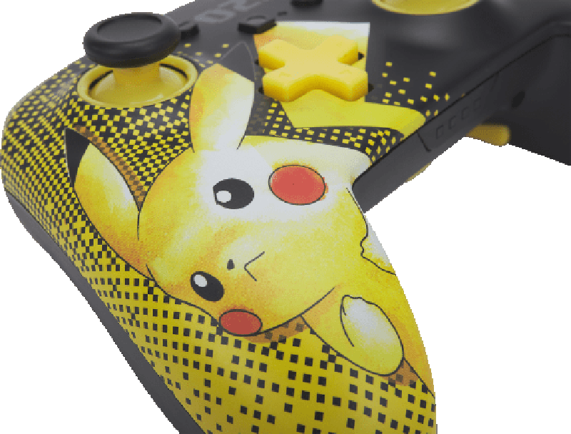 Nahaufnahme eines gelb-schwarzen Nintendo Switch-Controllers mit Pikachu-Design.