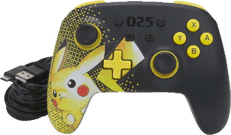 Ein Controller im Pikachu-Design mit schwarzen und gelben Akzenten und Knöpfen.