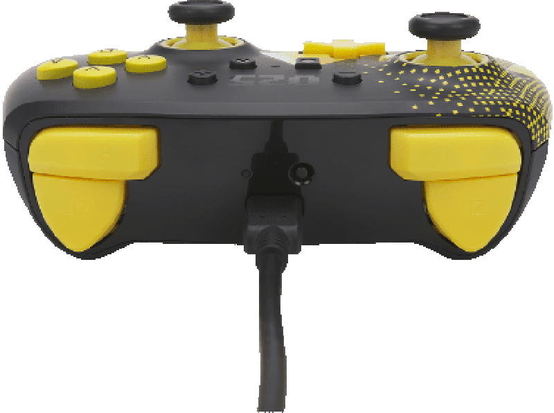 Schwarz-gelber Game-Controller mit Knöpfen, Triggern und Joysticks, verbunden durch ein Kabel.
