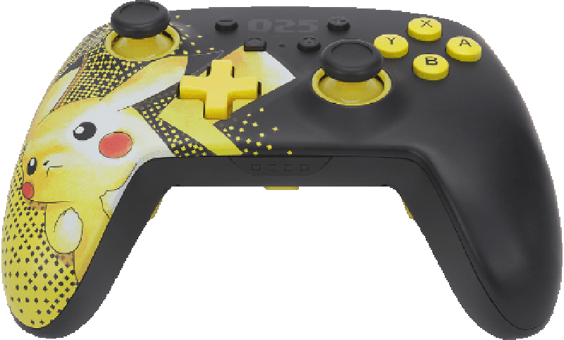 Ein schwarz-gelber Gamecontroller im Pikachu-Design. Weißer Hintergrund.