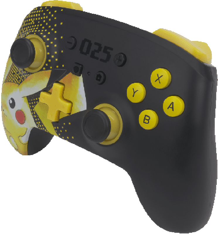 Ein Seitenwinkel des Controllers im Pikachu-Design mit gelben Knöpfen.