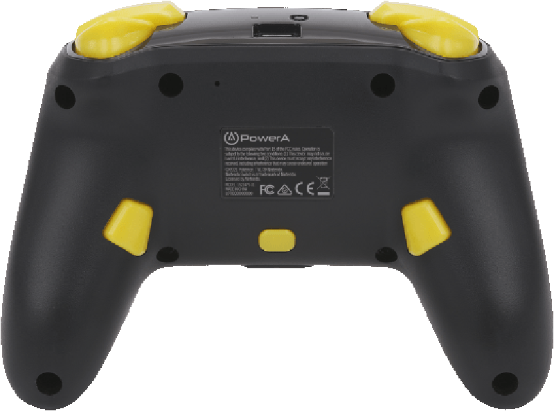 Rückseite eines schwarzen Game Controllers mit gelben Akzenten.