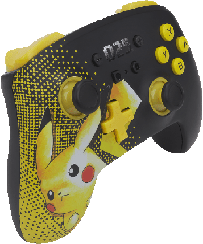 Schwarz-gelber Nintendo Switch-Controller mit Pikachu-Artwork.