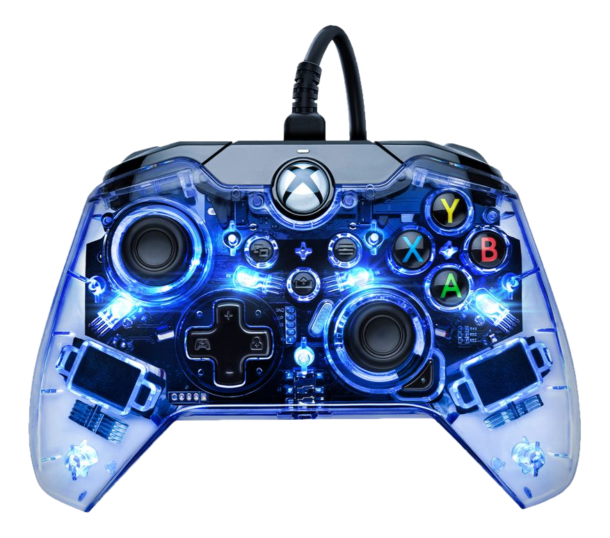 Une manette Xbox bleue translucide avec des composants internes bleus lumineux.