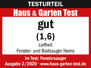 Ein rot-weißes Haus & Garten Test-Label mit 'gut (1,6)' und einem Fensterreiniger.
