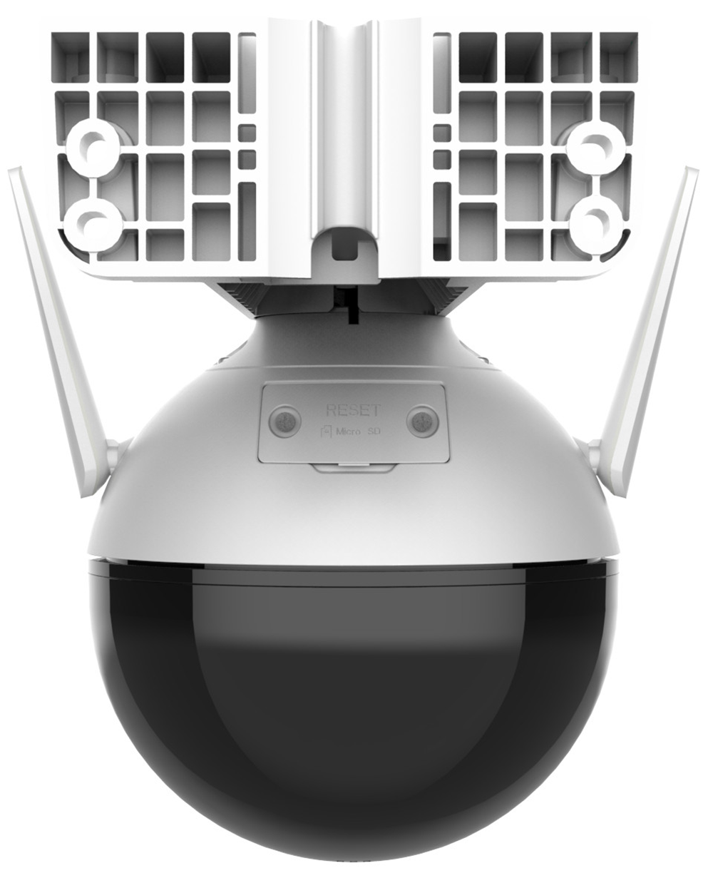 A security camera with two antennas, white and black.