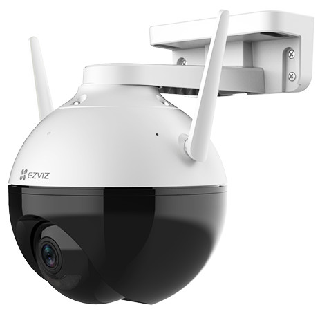 White and black security camera with two antennas, mounted on a white bracket.